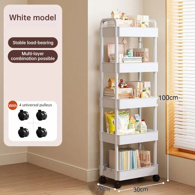 White Rolling Storage Cart with Wheels – Multifunctional Utility Organizer with Open Shelves for Kitchen, Bedroom, or Office