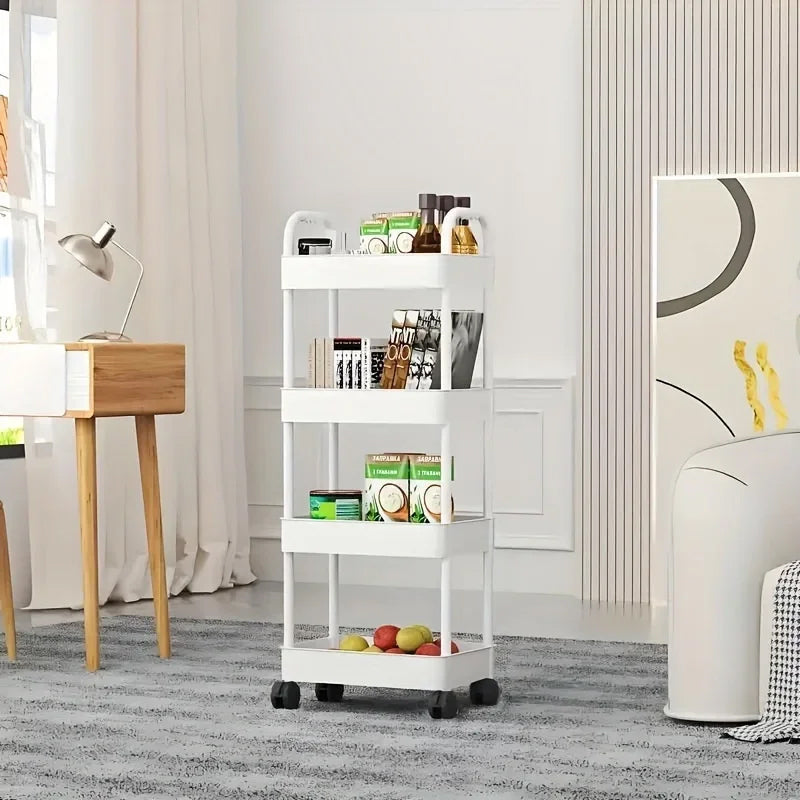 White Rolling Storage Cart with Wheels – Multifunctional Utility Organizer with Open Shelves for Kitchen, Bedroom, or Office