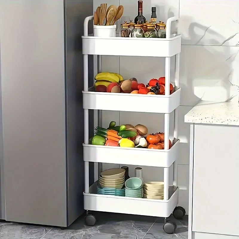 White Rolling Storage Cart with Wheels – Multifunctional Utility Organizer with Open Shelves for Kitchen, Bedroom, or Office